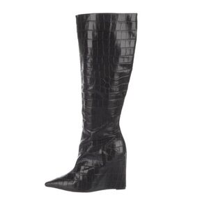 SCHUTZ Over the Knee Black Croc-Embossed Boots